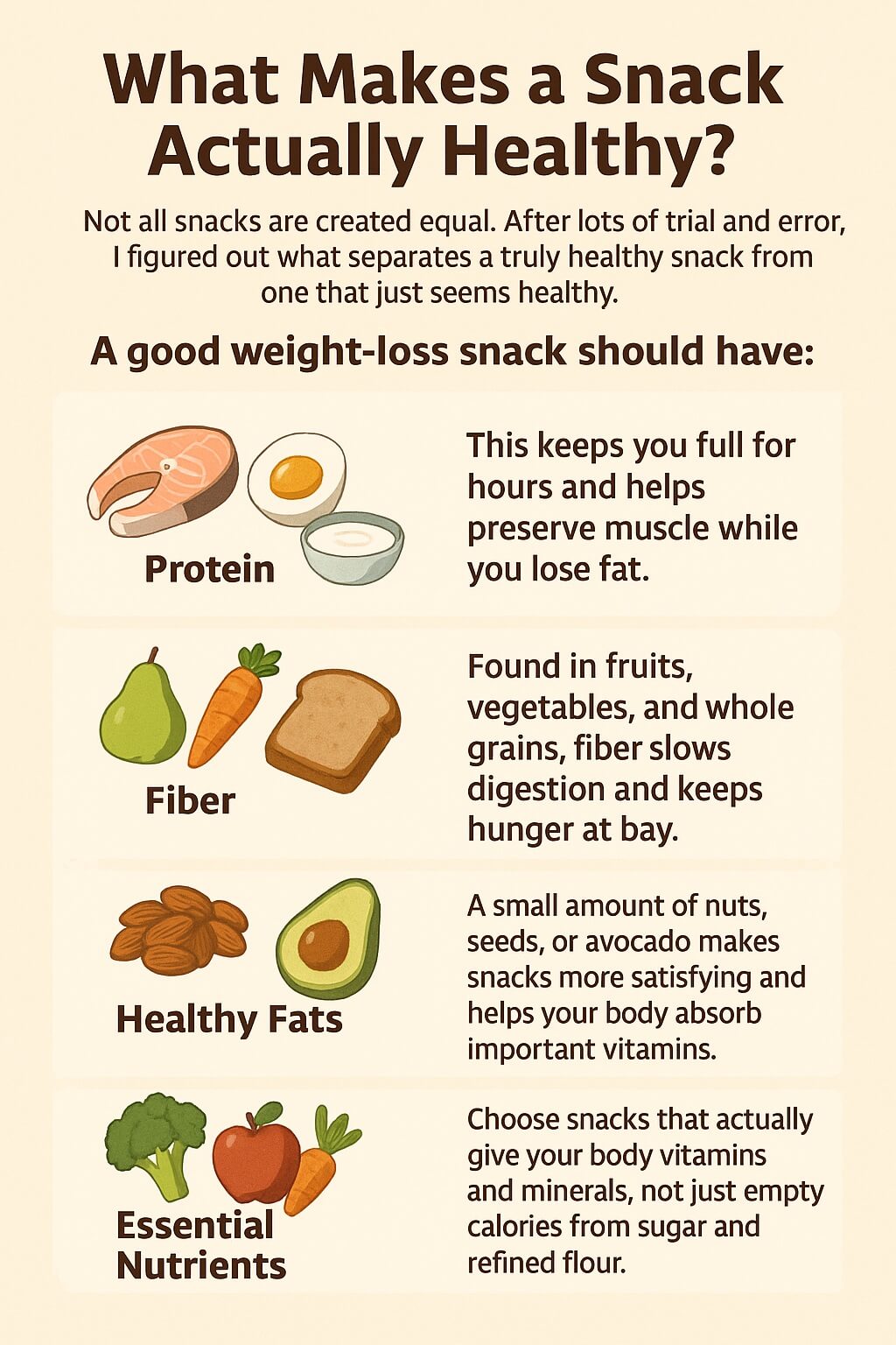 Healthy snack infographic showing protein, fiber, healthy fats, and essential nutrients for weight loss