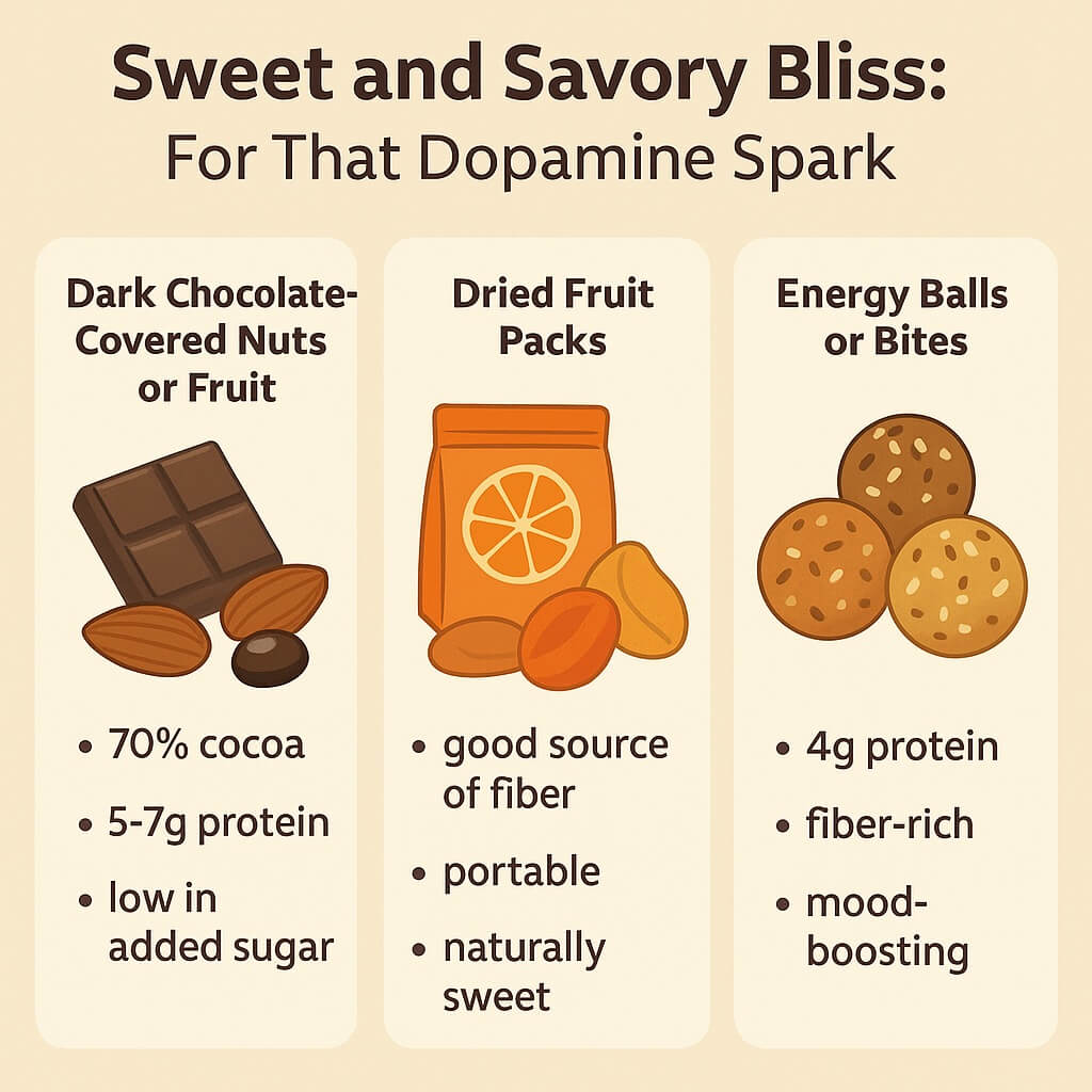 Infographic showing sweet and savory healthy commute snacks like dark chocolate nuts, dried fruit packs, and energy balls.
