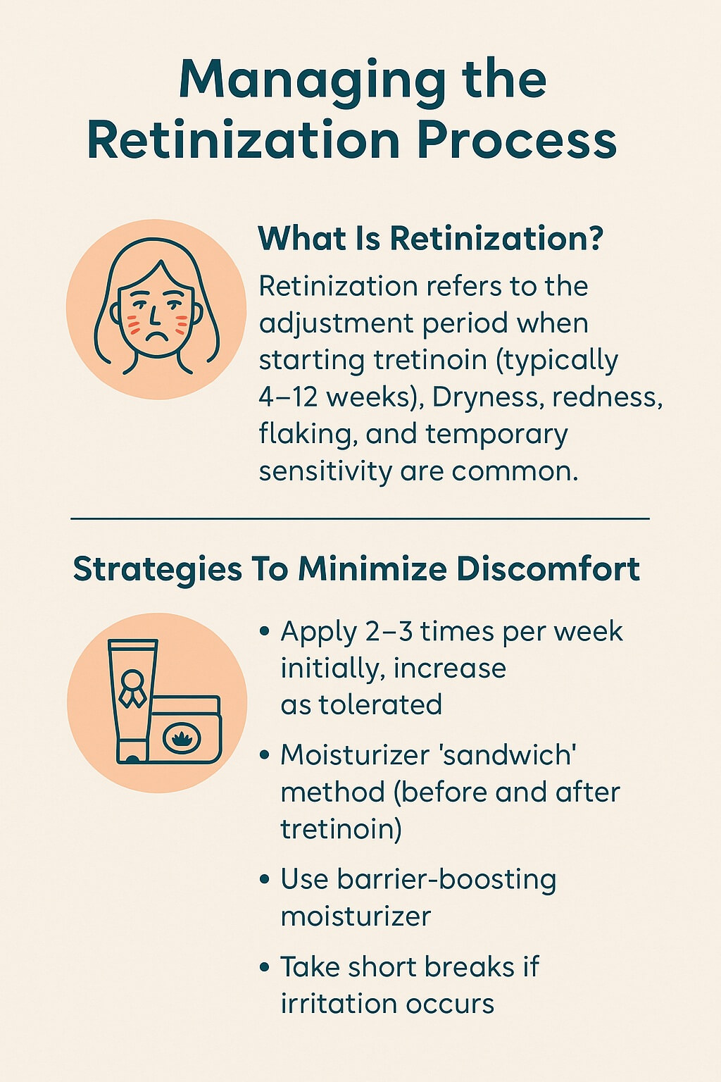 Infographic explaining the retinization process and tips to minimize irritation when starting tretinoin