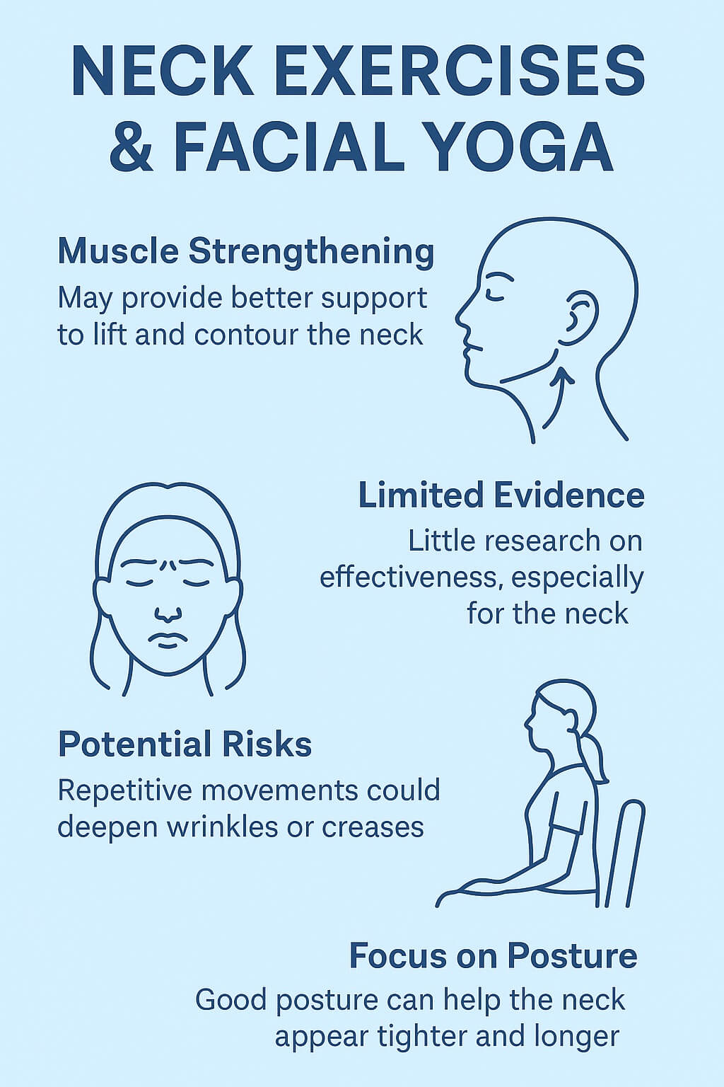 Infographic explaining neck exercises and facial yoga with sections on muscle strengthening, limited evidence, potential risks, and posture improvement, illustrated with simple line icons.