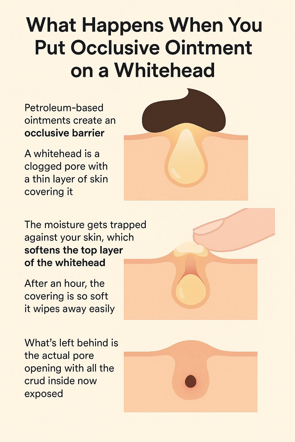 Infographic showing how occlusive ointment affects a whitehead, illustrating moisture trapping, softening of the top layer, and exposure of the pore after the covering dissolves.