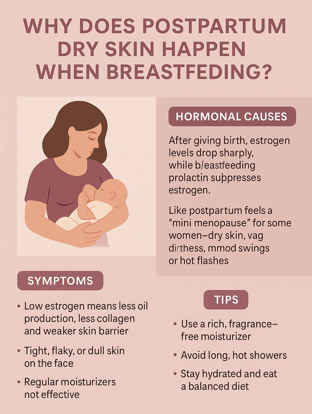 Infographic explaining why postpartum dry skin happens during breastfeeding due to low estrogen levels