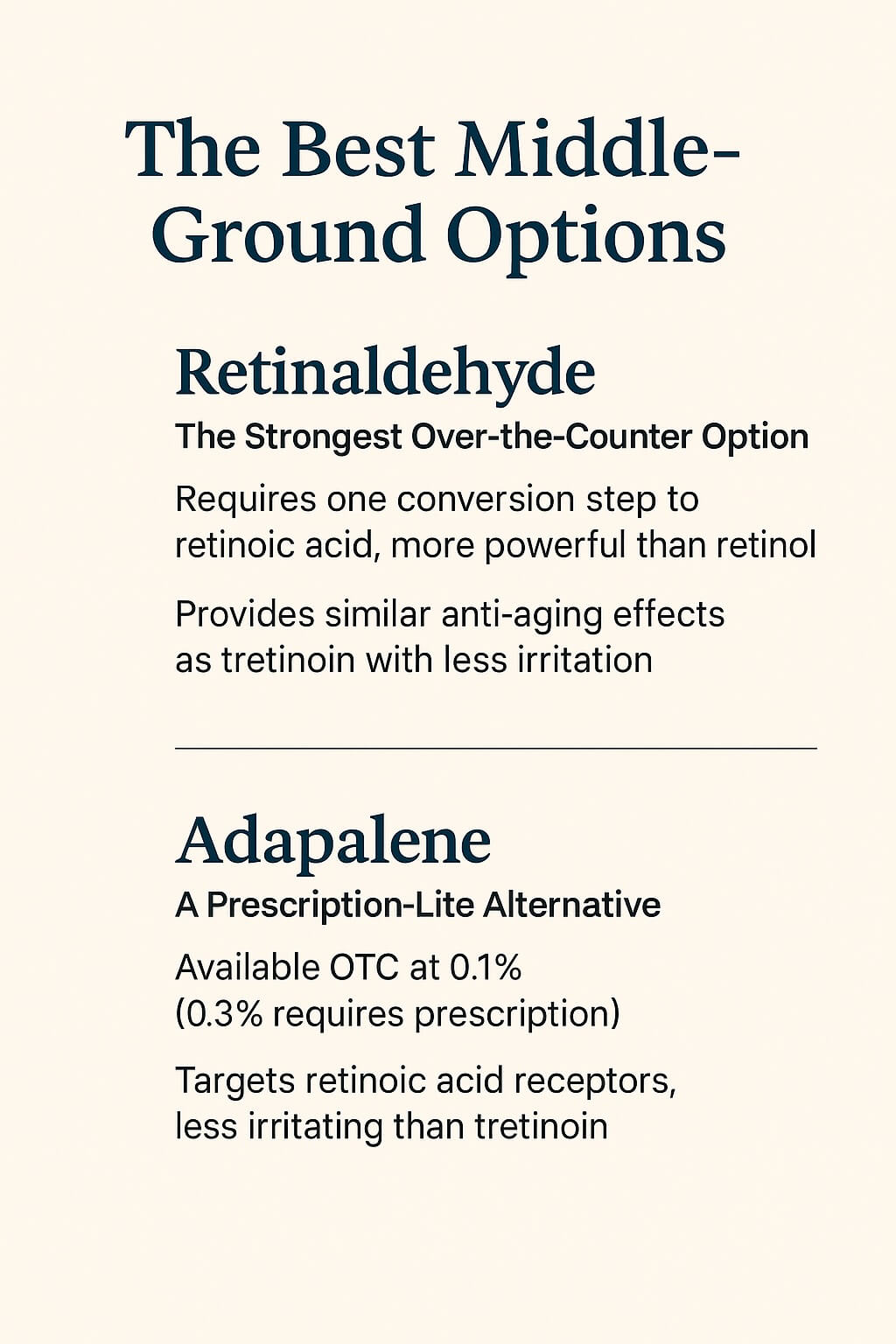 Infographic comparing retinaldehyde and adapalene as middle-ground retinoid options