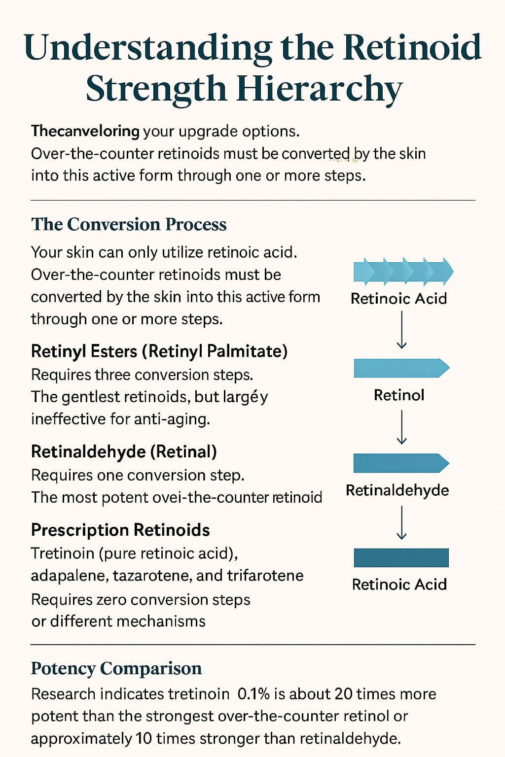 Infographic explaining the retinoid strength hierarchy and conversion steps from weakest to strongest