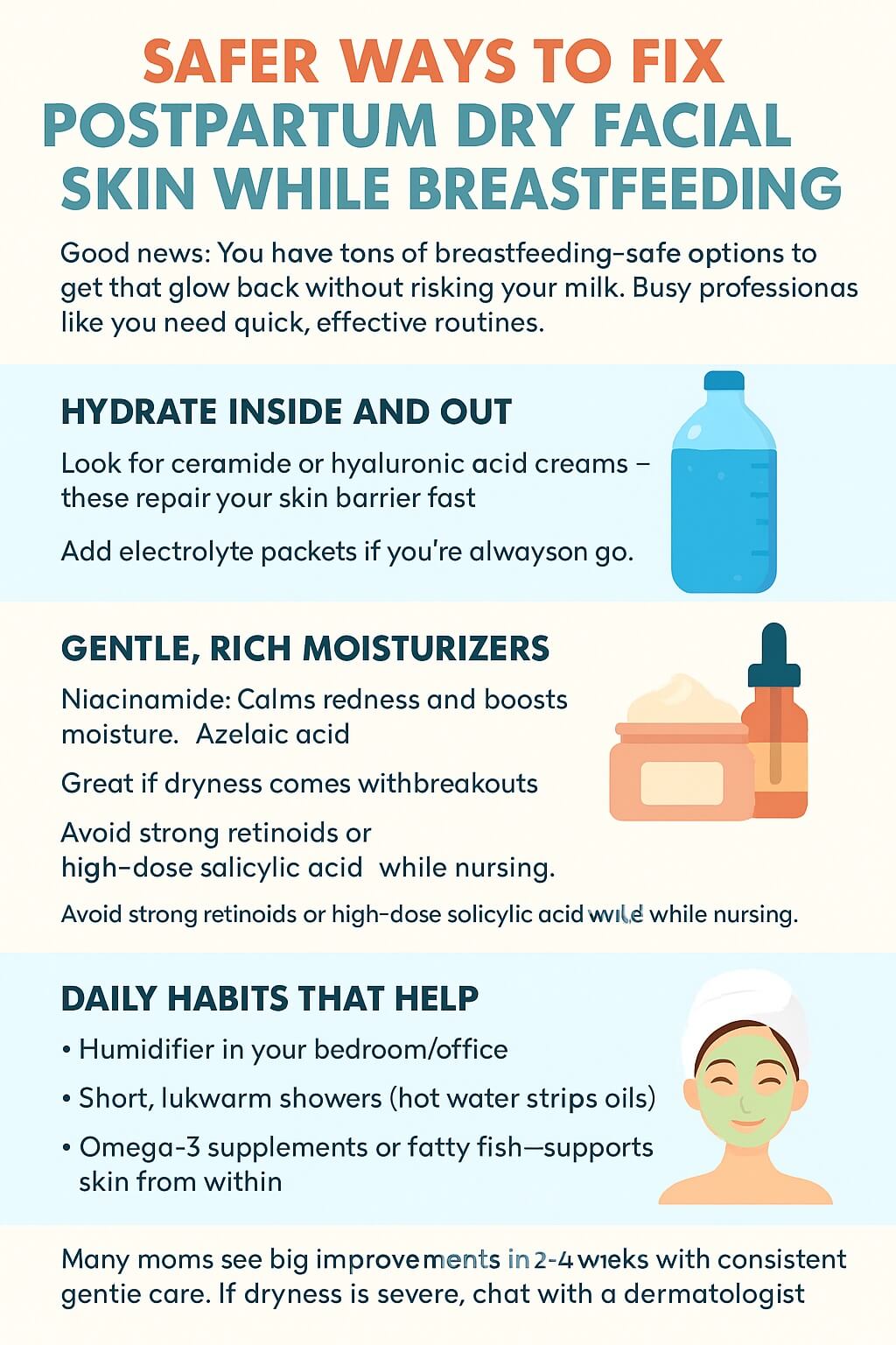 Infographic showing breastfeeding-safe ways to fix postpartum dry facial skin with skincare tips and daily habits