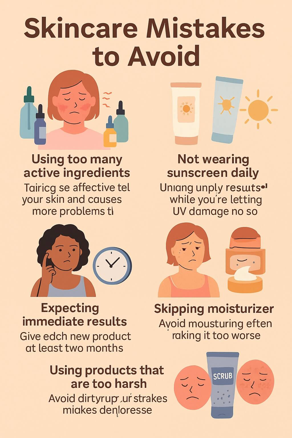 Infographic showing common skincare mistakes such as using too many active ingredients, skipping sunscreen, expecting fast results, avoiding moisturizer, and using harsh products.