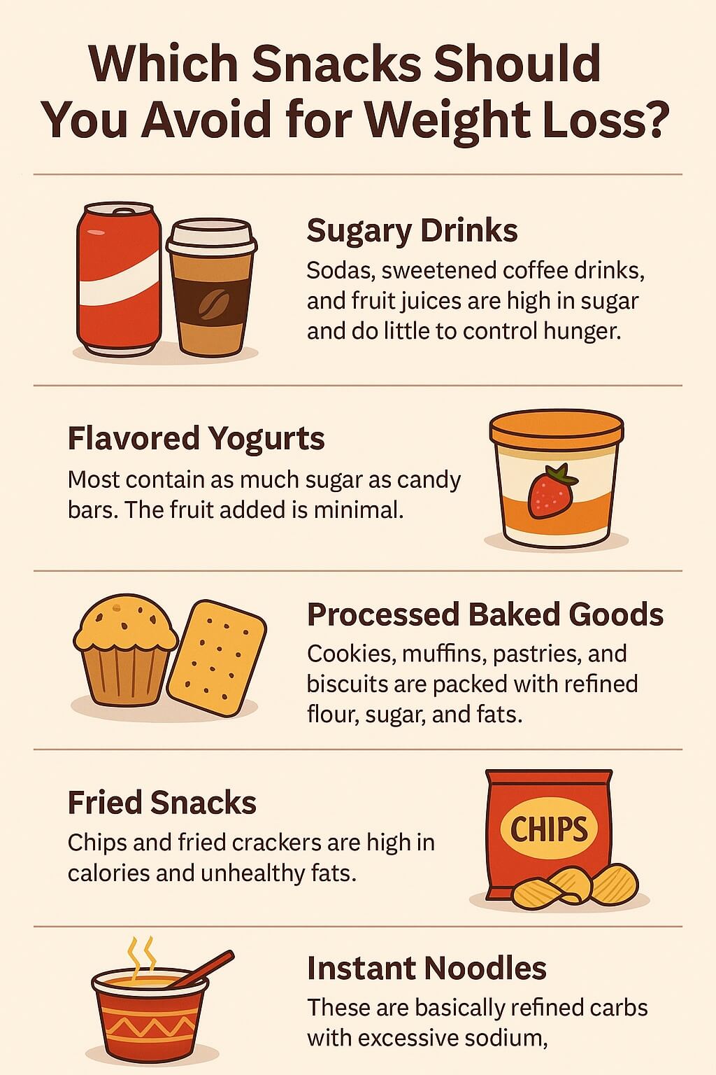 Infographic showing unhealthy snacks to avoid for weight loss including sugary drinks, flavored yogurt, baked goods, fried snacks, and instant noodles.