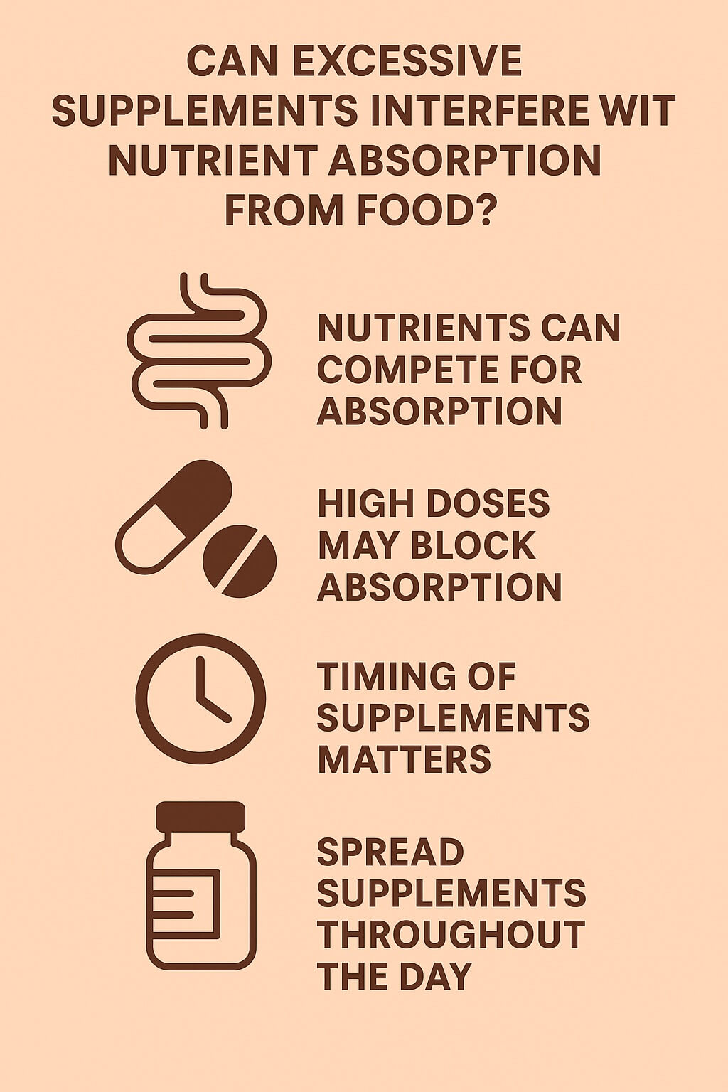 Infographic explaining how excessive supplements can interfere with nutrient absorption, showing examples like nutrient competition, high doses blocking absorption, timing importance, and spacing supplements.