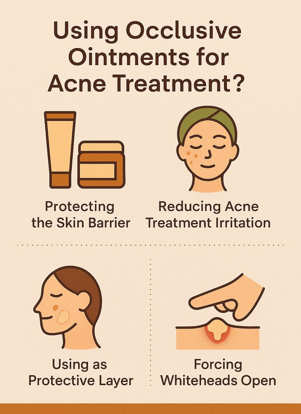 Infographic explaining how to use occlusive ointments safely for acne, highlighting benefits of slugging, reducing irritation, and avoiding use for forced whitehead extraction.
