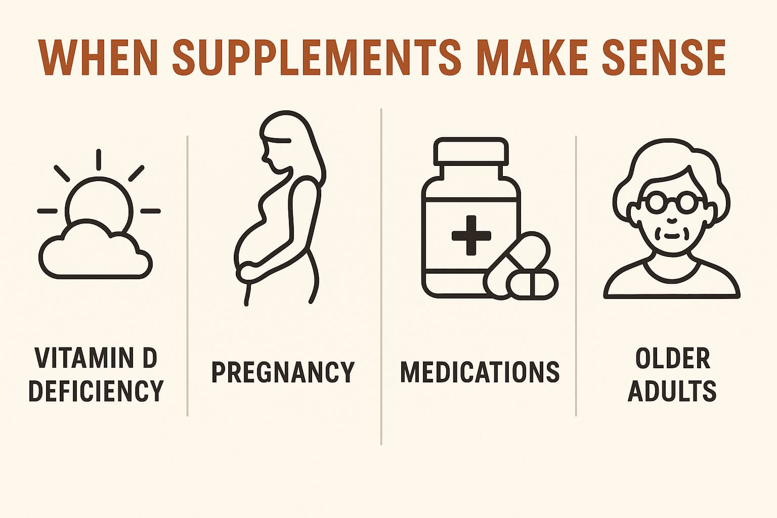 Infographic showing when supplements are necessary, including vitamin D deficiency, pregnancy, medication interactions, and older adults, with clear icons for each category.