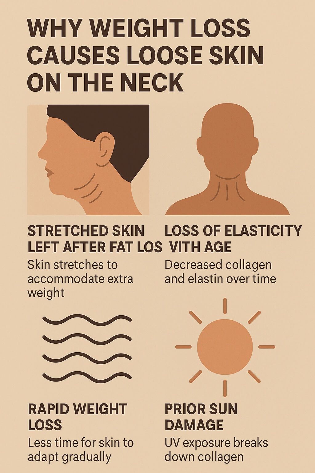 Infographic explaining why weight loss causes loose skin on the neck, highlighting stretched skin, loss of elasticity with age, rapid weight loss, and sun damage with simple icons.