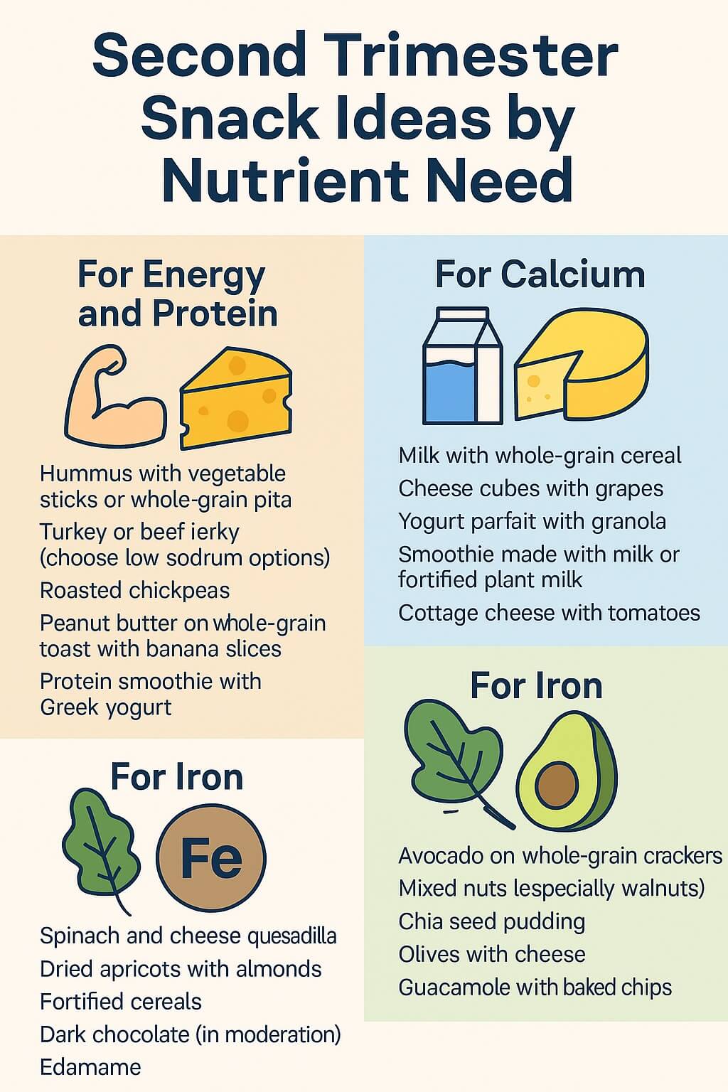 Infographic showing second trimester pregnancy snack ideas grouped by protein and energy, calcium, iron, and healthy fats for brain development.