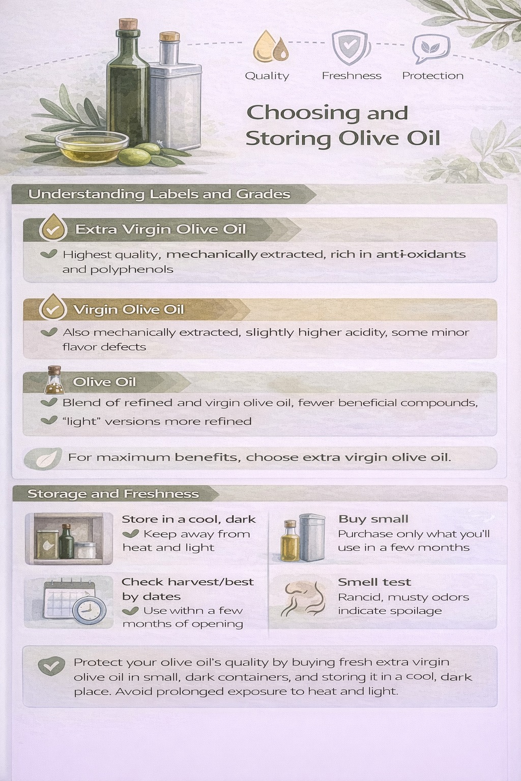 Portrait infographic in clean, minimal health and wellness style explaining olive oil grades (extra virgin, virgin, refined) and proper storage tips for freshness and quality.