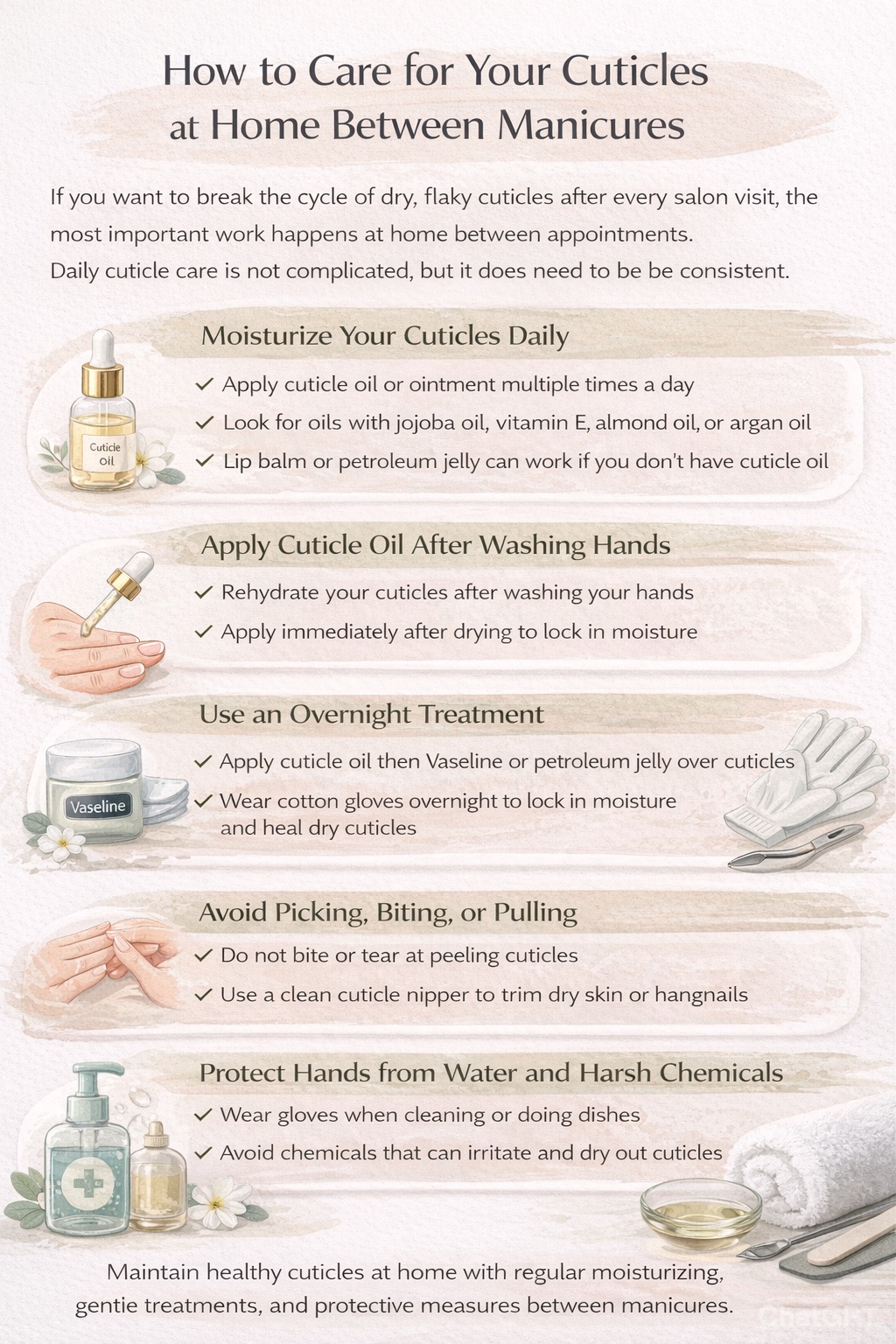 Minimal skincare infographic showing how to care for cuticles at home between manicures, including daily moisturizing, applying oil after washing, overnight treatments, avoiding picking, and protecting hands from water and chemicals.