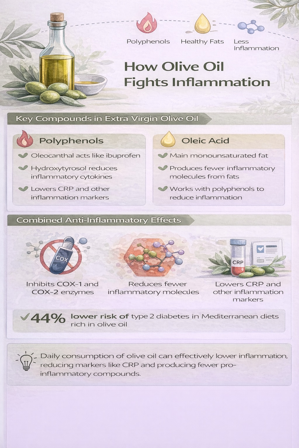 Portrait infographic in clean, minimal health and wellness style showing how olive oil reduces inflammation through polyphenols, oleic acid, COX enzyme inhibition, and lower CRP levels.
