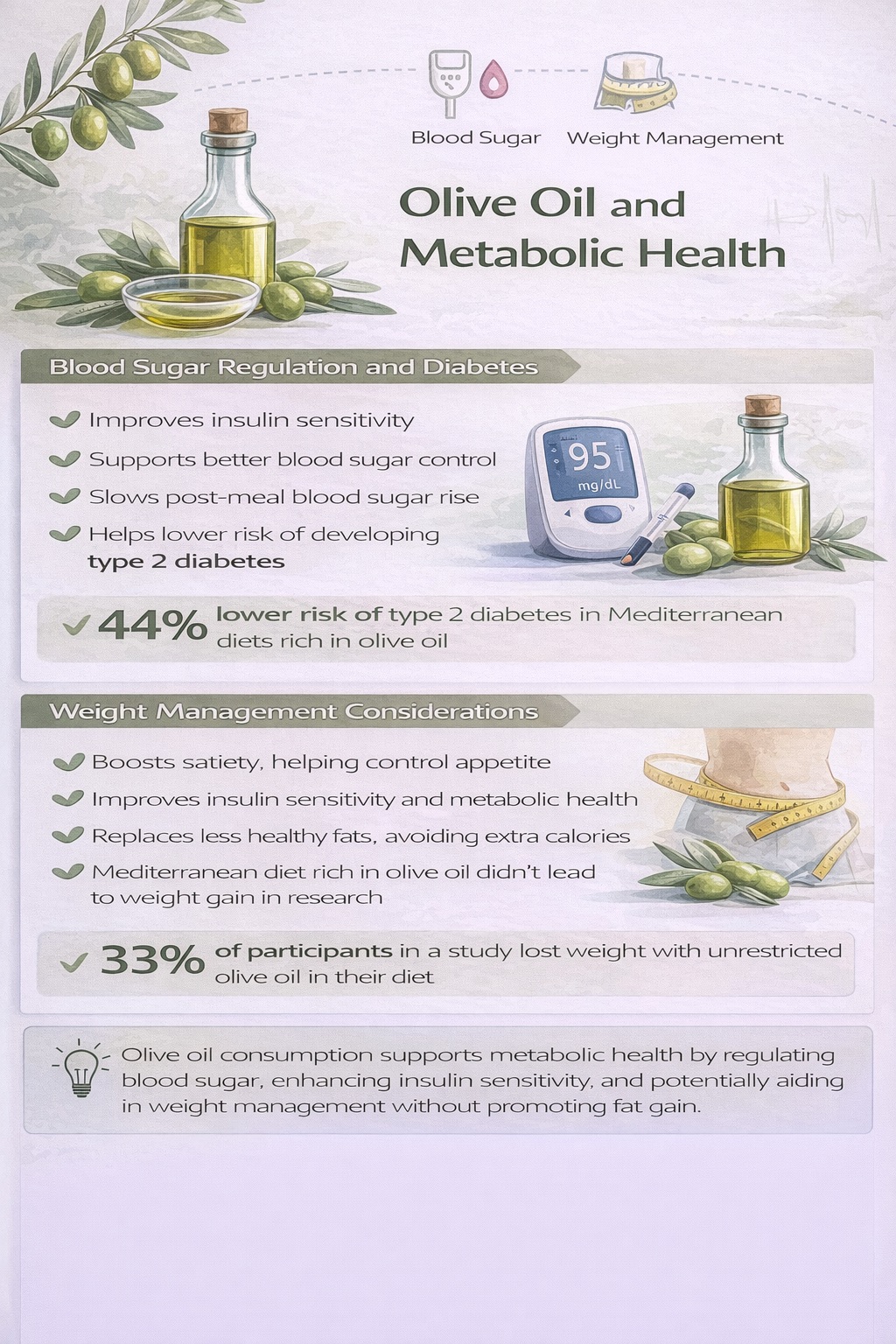 Portrait infographic in clean, minimal HR career style explaining olive oil’s benefits for metabolic health, blood sugar control, diabetes risk reduction, and weight management.