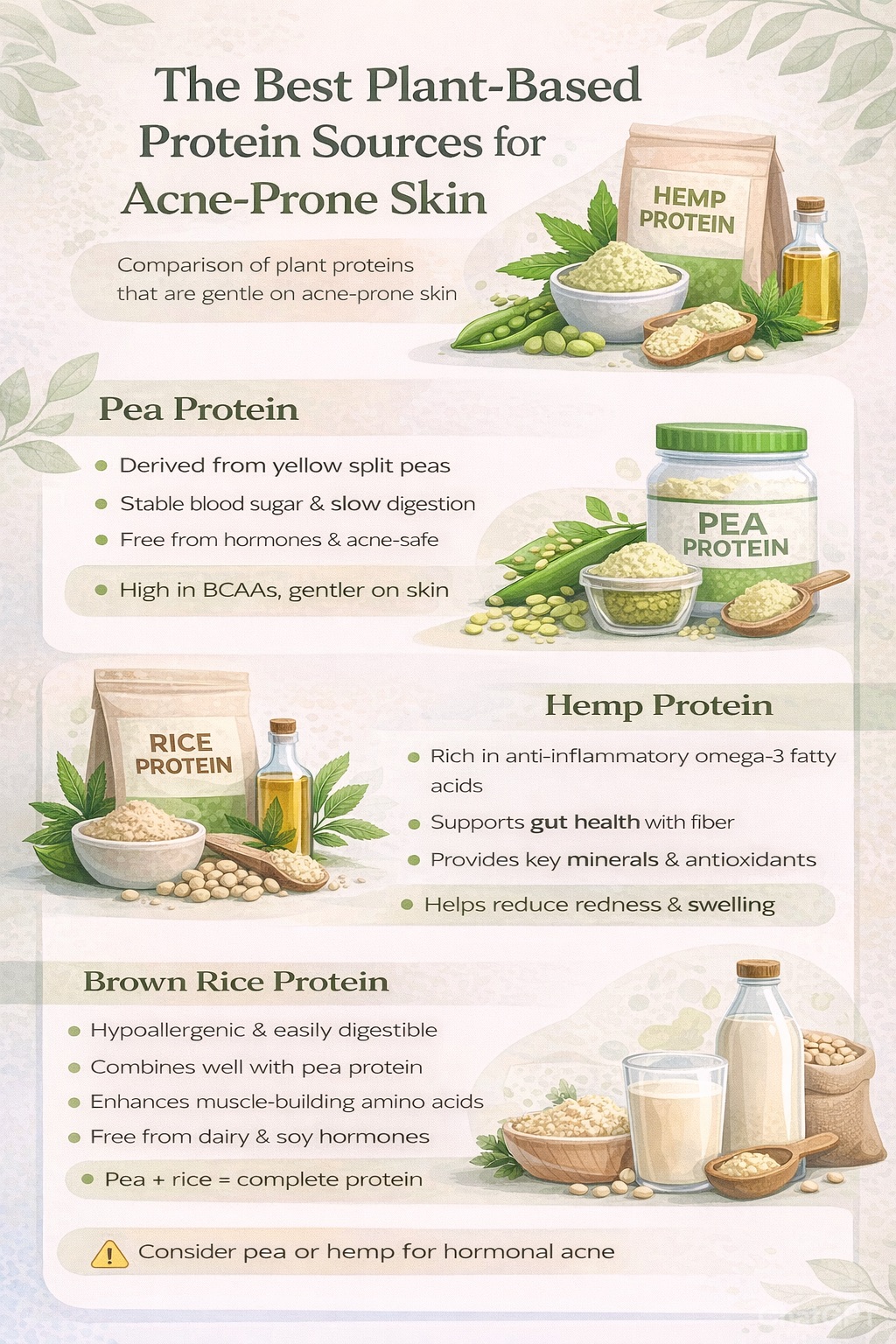 Portrait infographic showing acne-friendly plant-based protein sources — Pea Protein, Hemp Protein, Brown Rice Protein, and Soy Protein — with notes on digestion, amino acid profile, anti-inflammatory benefits, and suitability for sensitive or acne-prone skin.