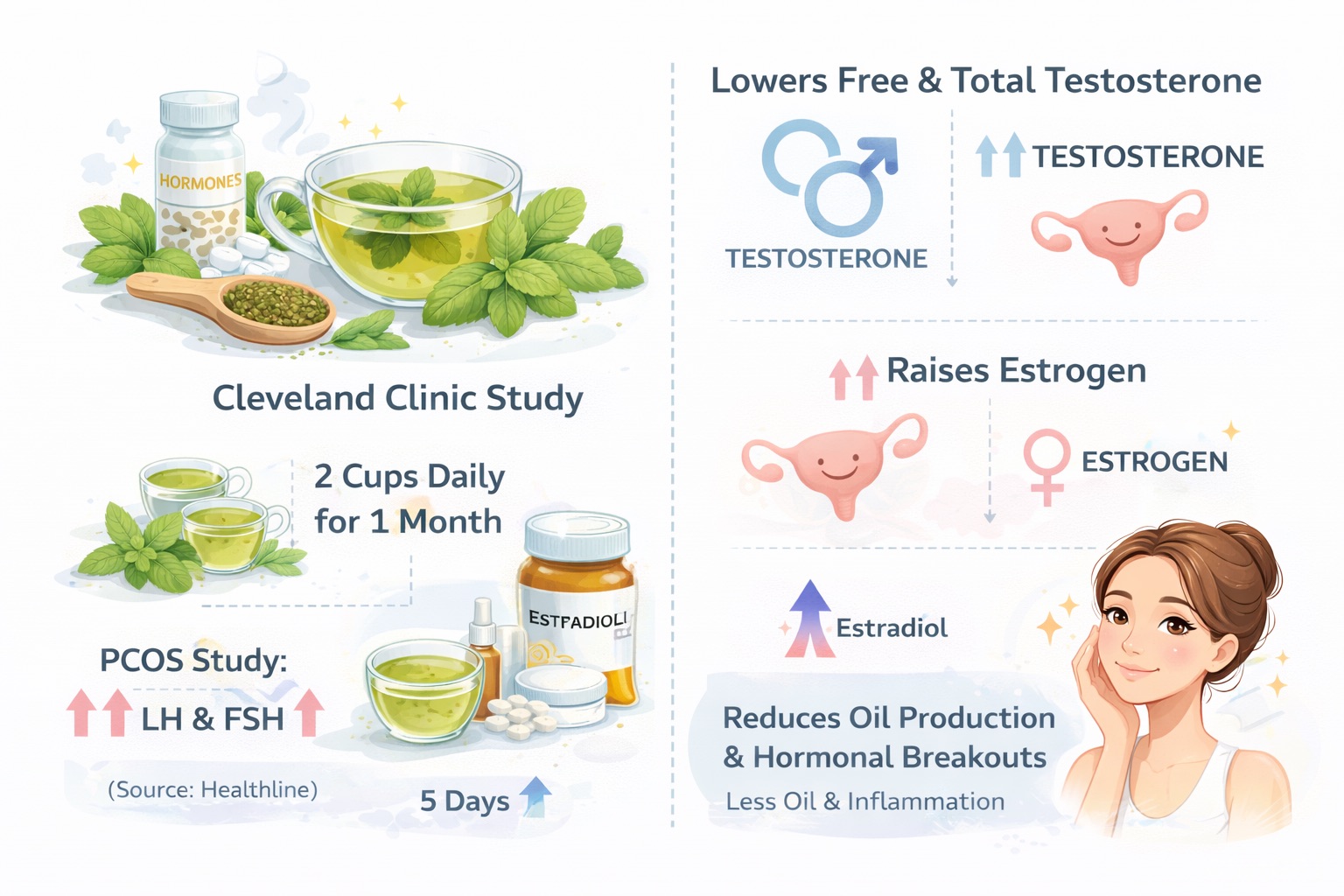 Infographic showing how spearmint tea affects hormones, lowers testosterone, raises estrogen, and reduces oil production to improve hormonal acne