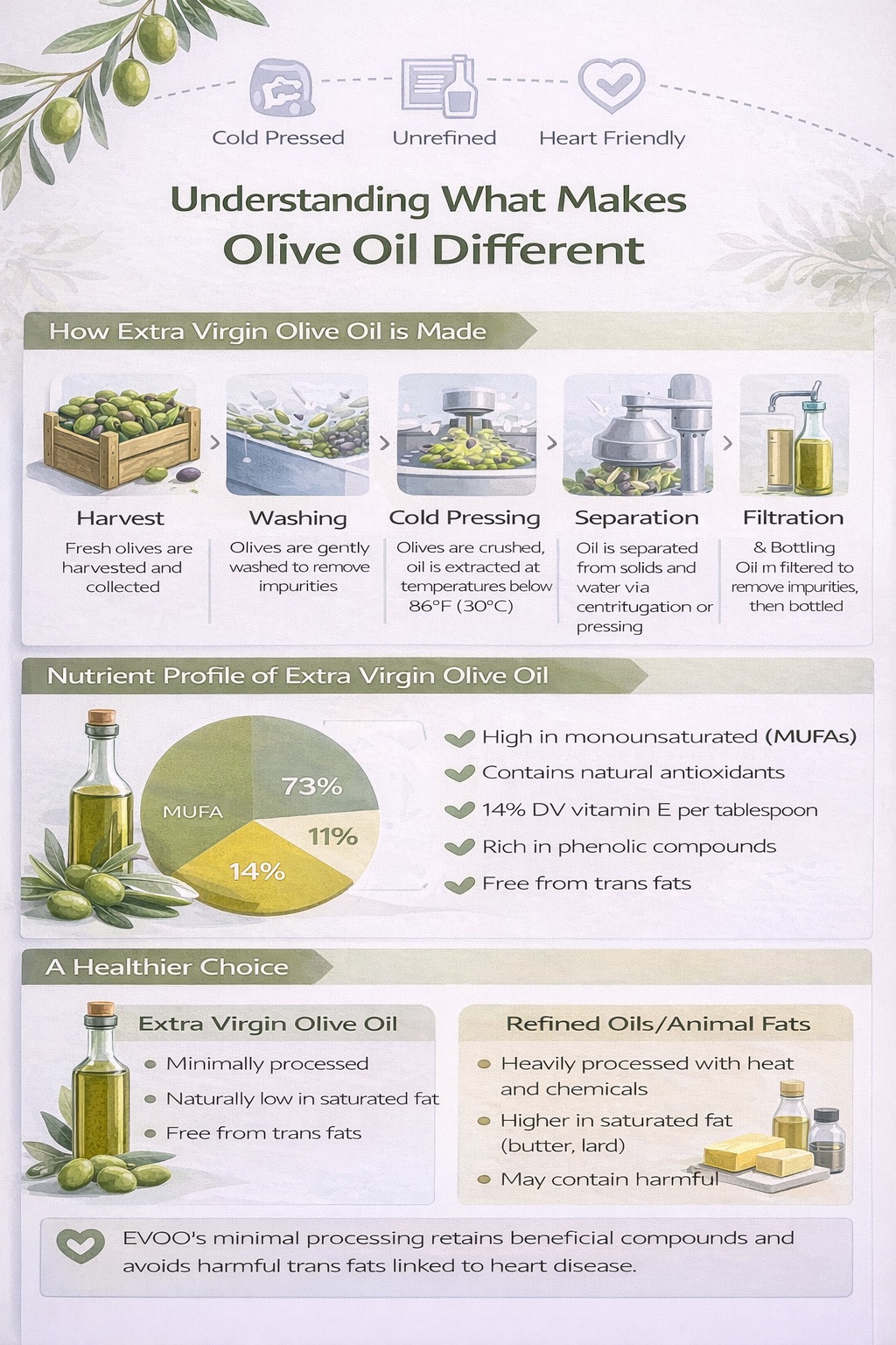 Portrait infographic explaining how extra virgin olive oil is made, its nutrient profile, and how it compares to refined oils and animal fats