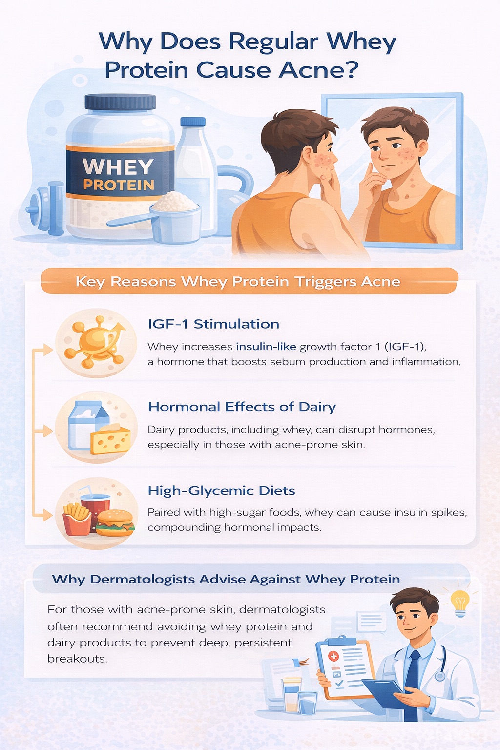 Portrait infographic explaining why whey protein may contribute to acne, highlighting IGF-1 stimulation, hormonal effects of dairy, and the impact of high-glycemic foods on skin inflammation and sebum production.